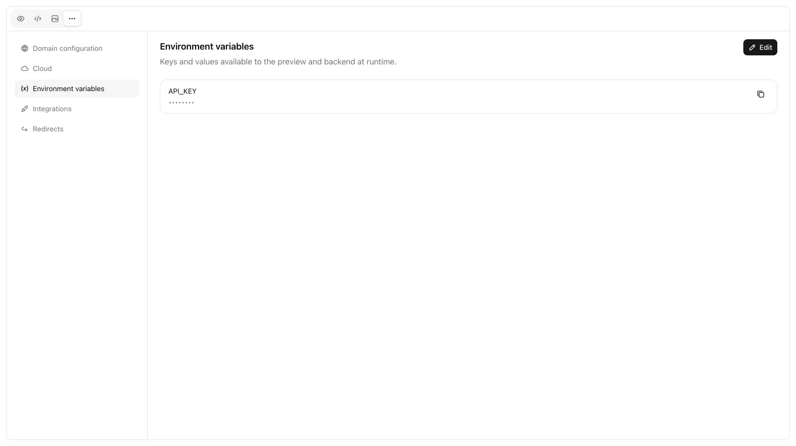 Environment variables list with a masked API_KEY and Edit.