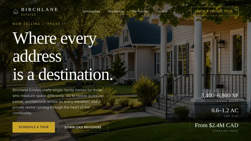 Real estate website template with featured properties, pricing, and private tour calls to action