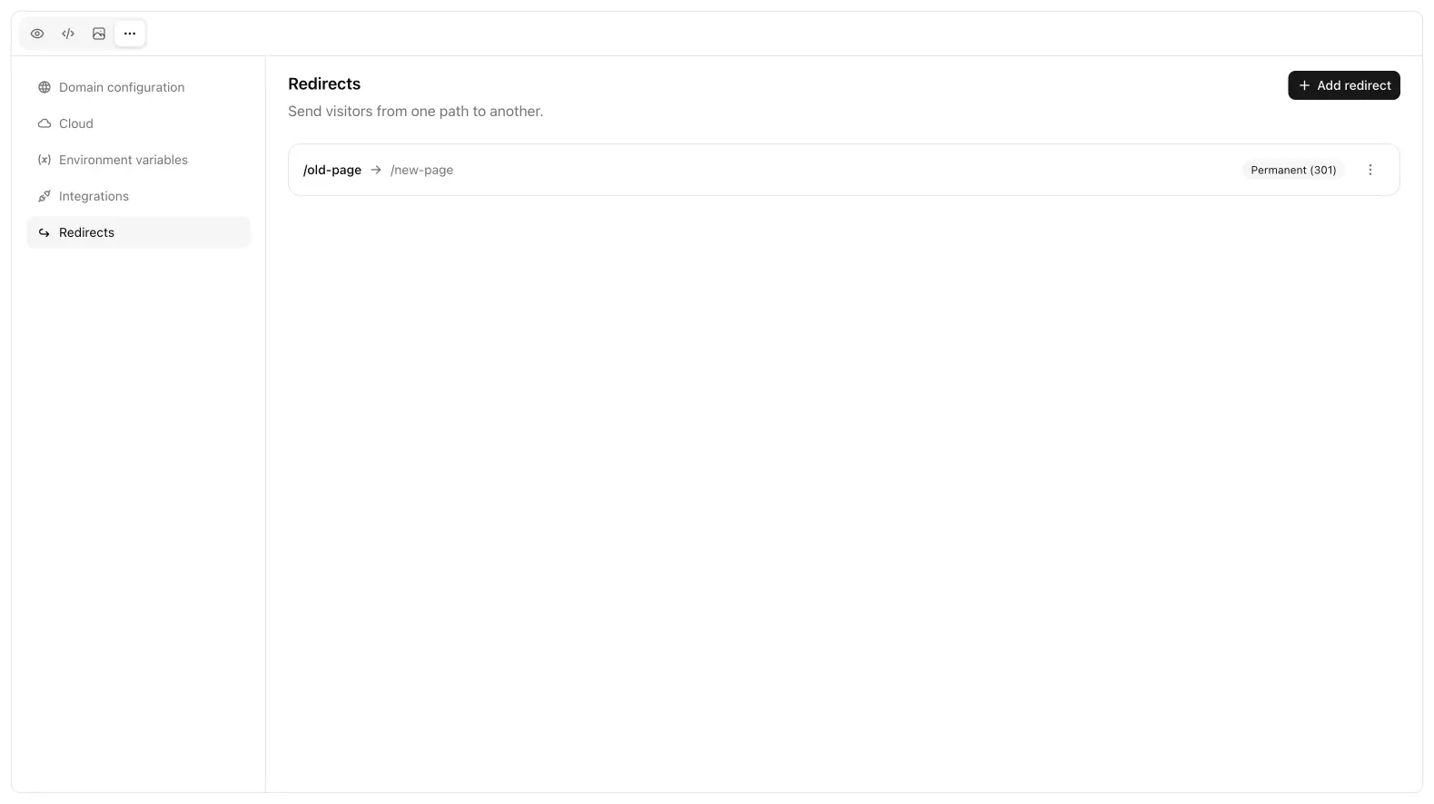 Redirects list with a permanent 301 from /old-page to /new-page.
