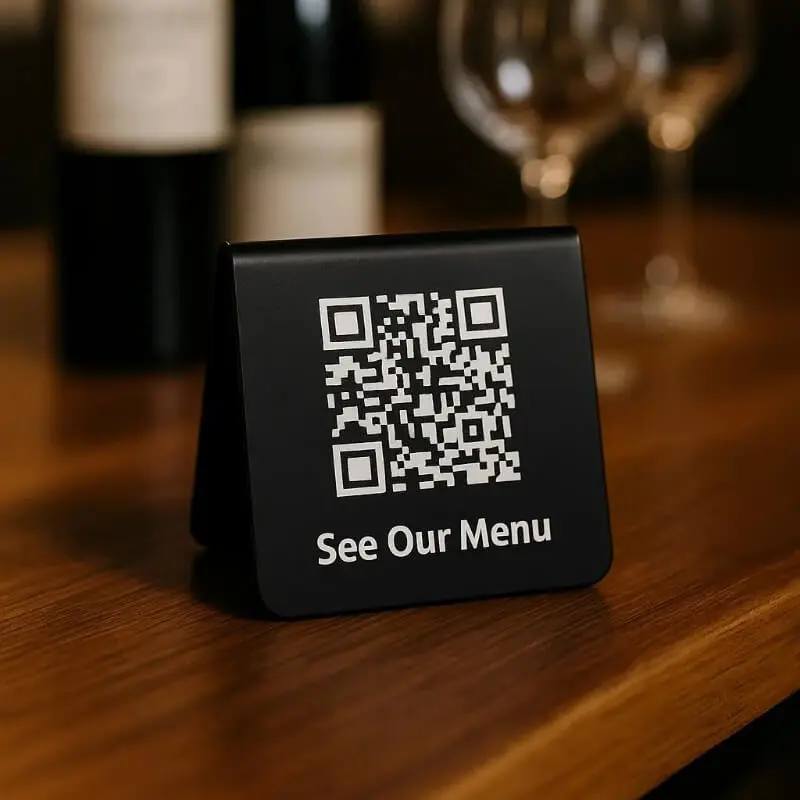 Table tent QR code on a restaurant table that opens a digital menu