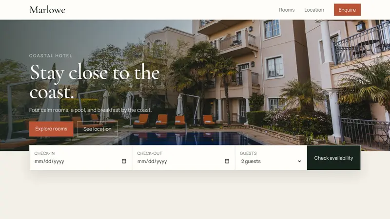 Hotel website template with a poolside hero, availability dates, room cards, prices, amenities, and a coastal location