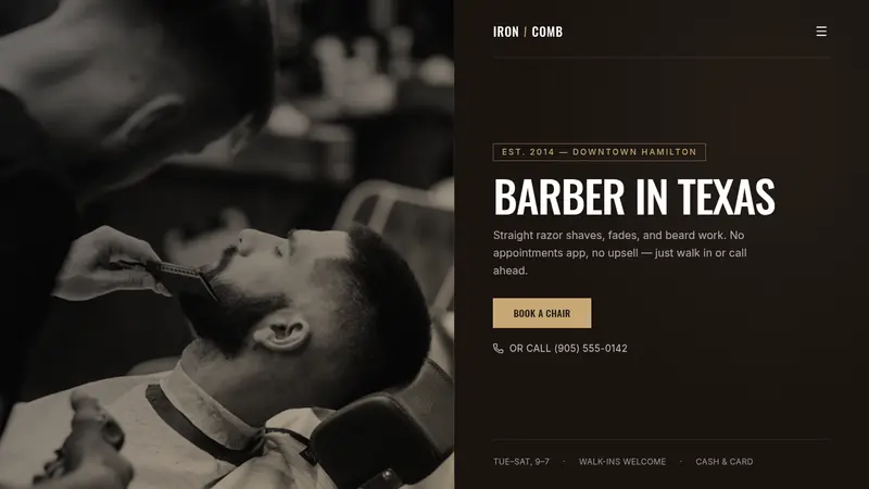 Barber website template homepage with a split-screen chair photo, walk-in copy, and a Book a chair button