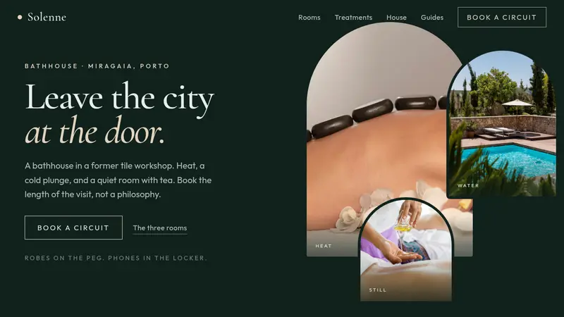 Spa website template with three arched rooms, a treatment list, and a book a circuit button