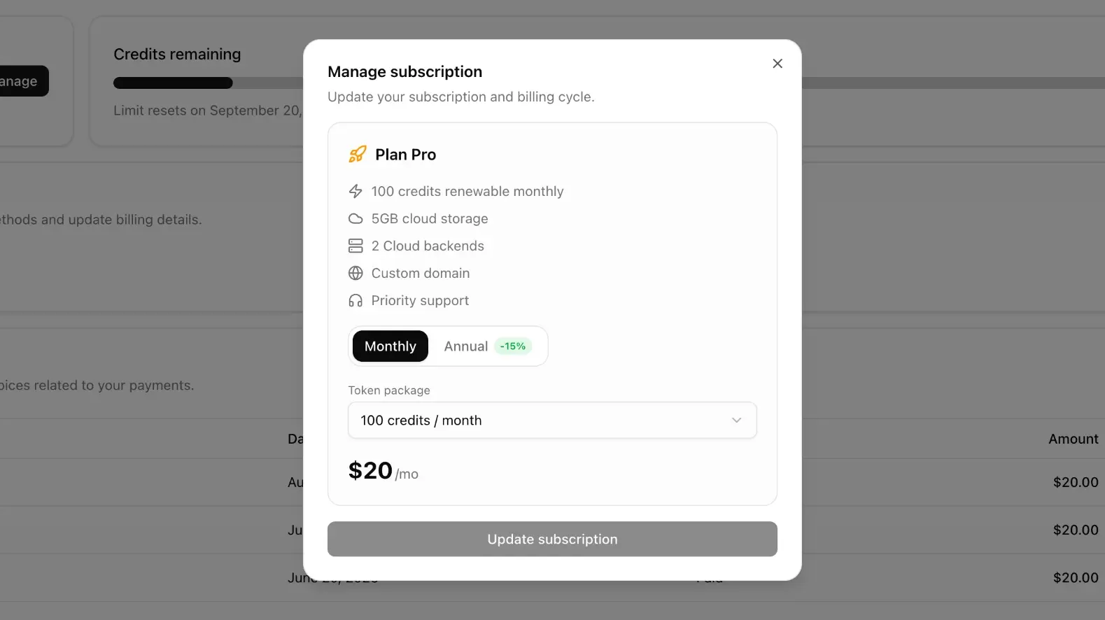 Manage subscription dialog with Pro plan, credits, storage, and monthly or annual billing.