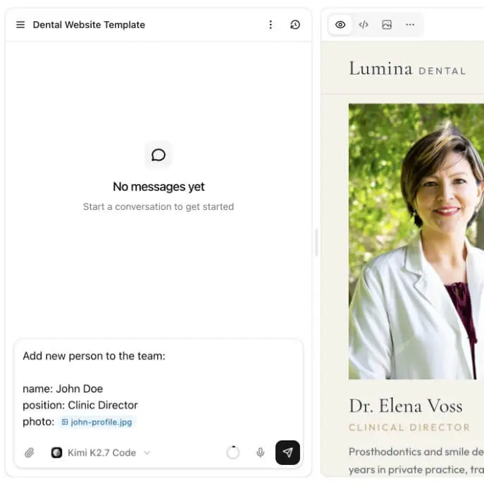 Bunstation builder adding a team member to the Dental Clinic website template