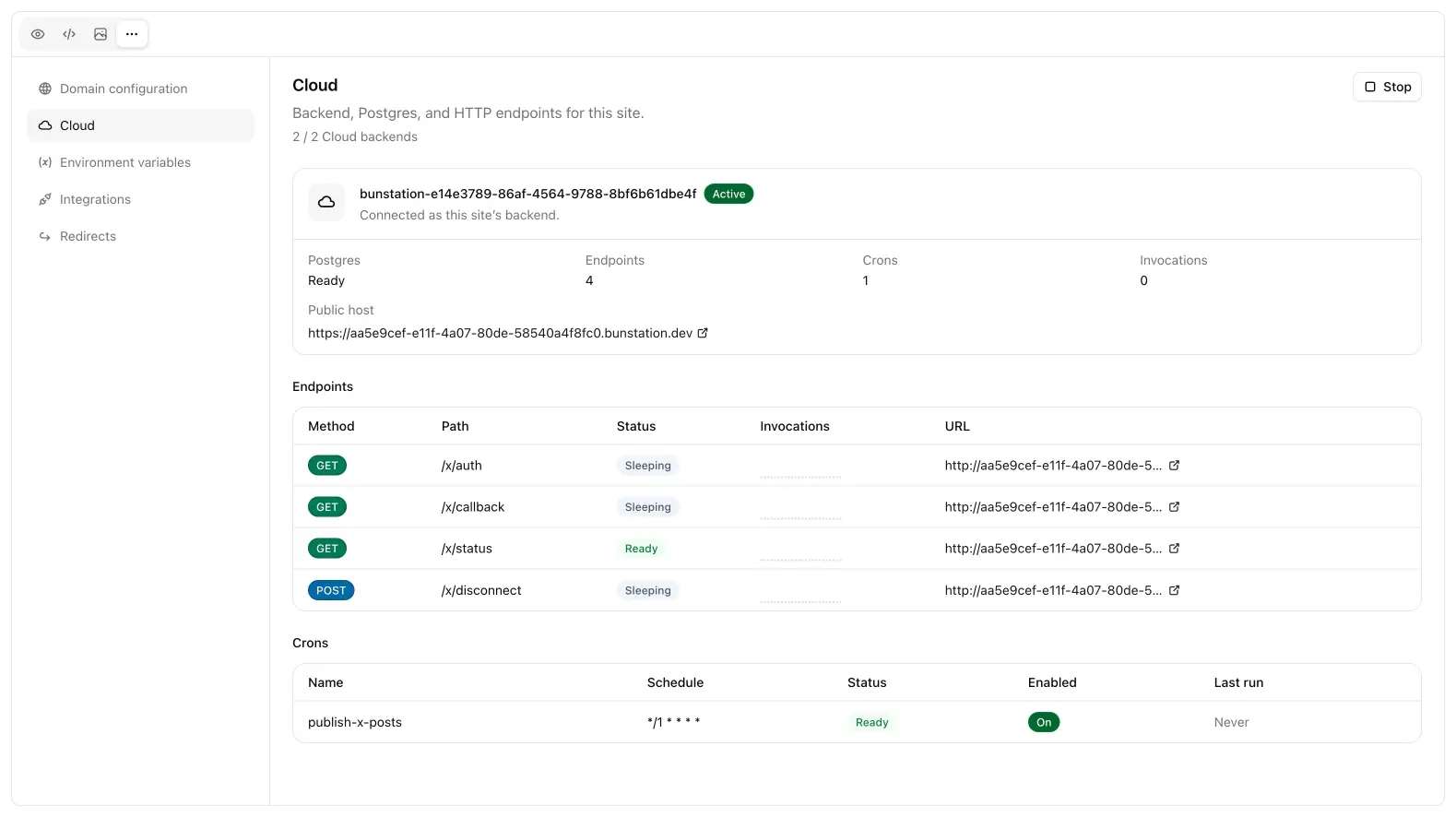 Cloud page with active backend, Postgres, endpoints, crons, and public host.