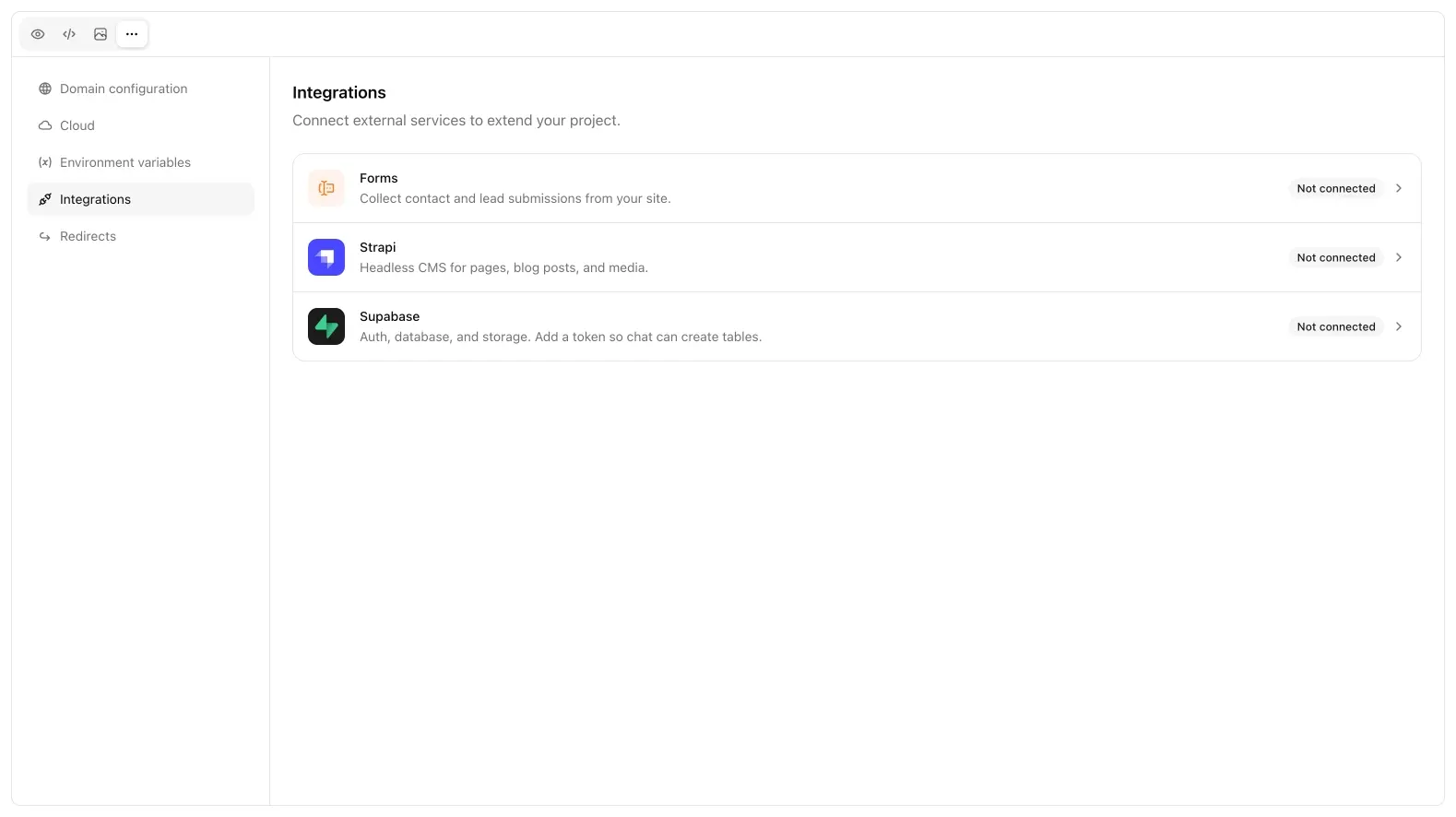 Integrations list with Forms, Strapi, and Supabase.