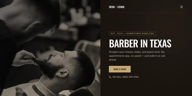 Split-Screen Barber Hero website template preview
