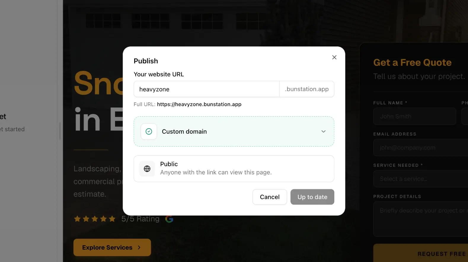 Publish dialog with Bunstation URL, custom domain, and public visibility.