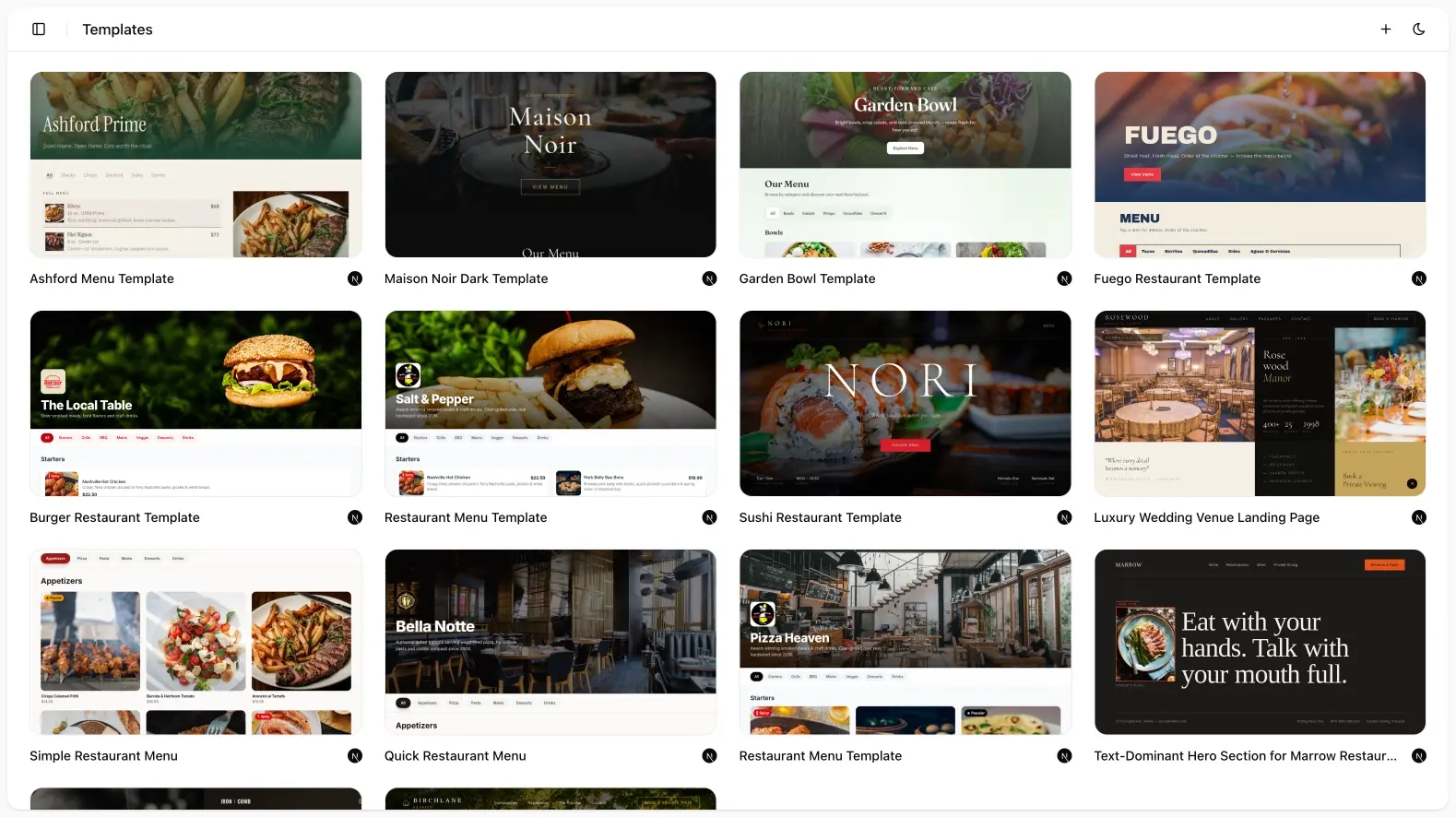 Templates gallery with restaurant, menu, and landing page cards.