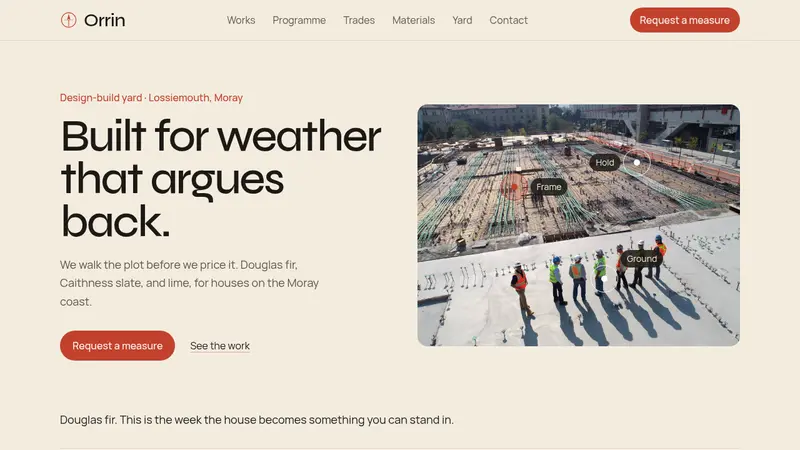 Construction website template with a fixed top bar, a site photograph, and a request for a measure