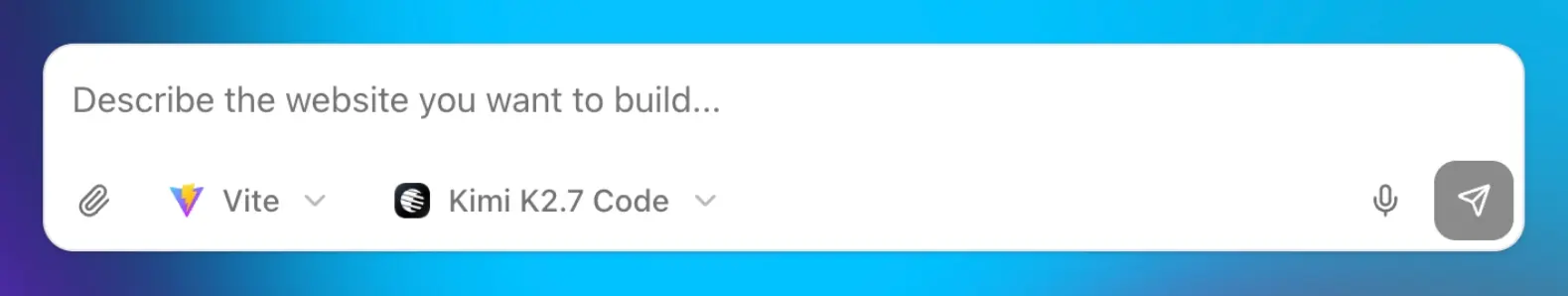 Prompt with Vite stack selector next to the Kimi K2.7 Code model picker.