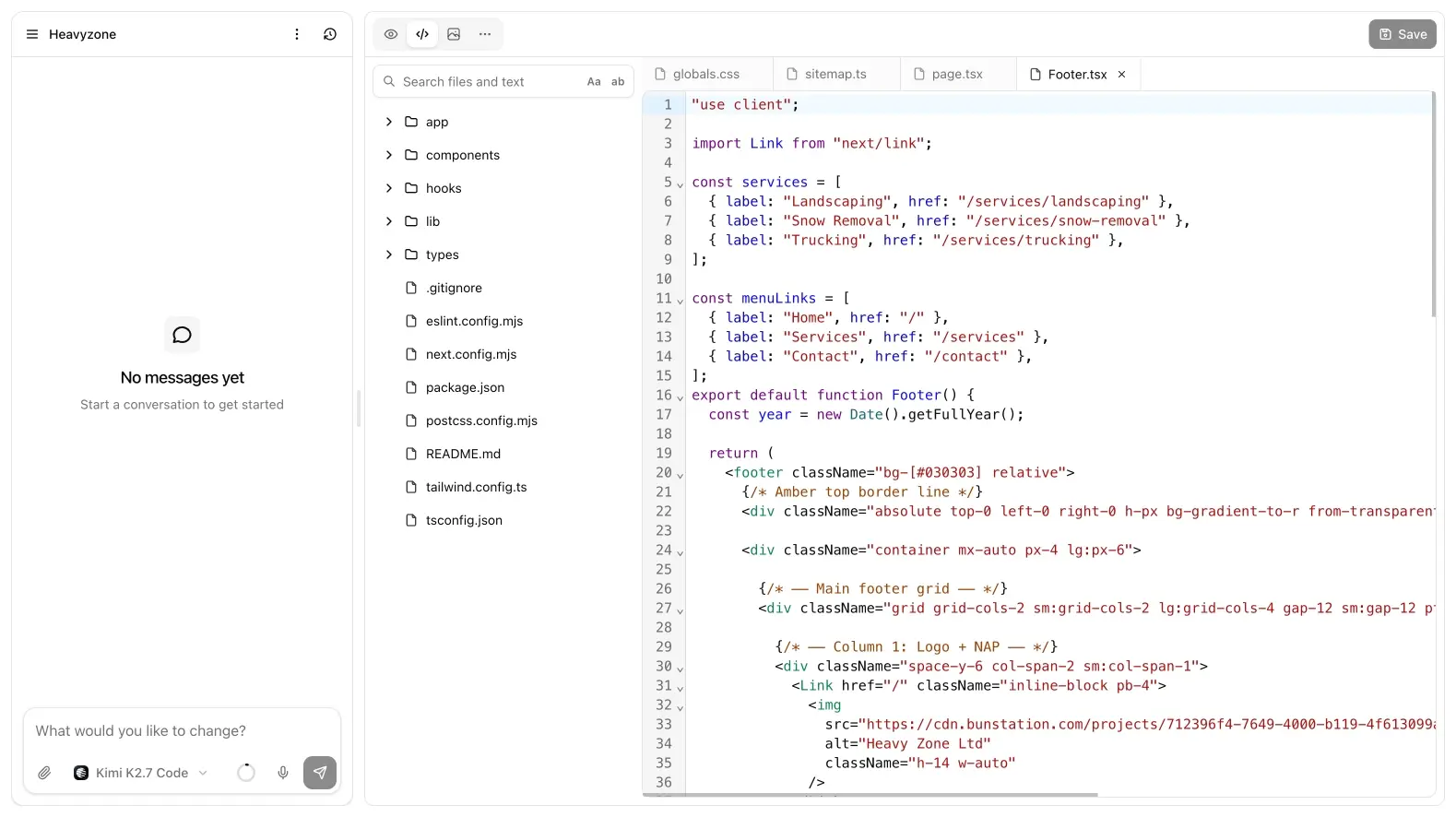 Code tab with file tree, open Footer.tsx, and search.