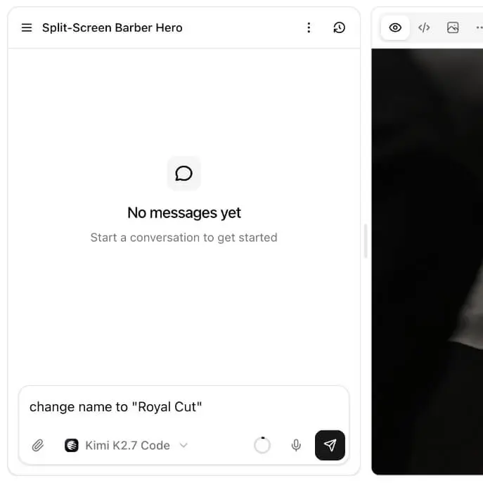 Barber website template hero with a split-screen chair photo and booking copy
