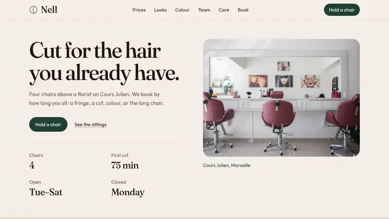 Hair salon website template with rose salon chairs, a fixed menu, and a price list for a fringe, a cut, and colour