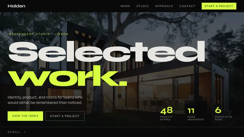 Portfolio website template with a selected-work hero, a project index, and a start a project call to action