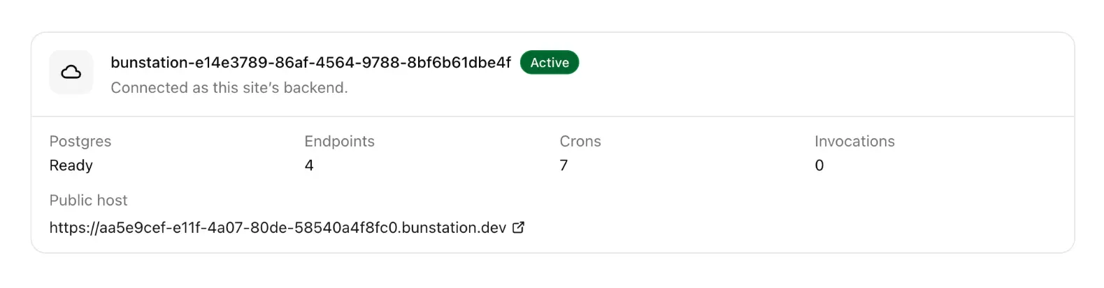 Cloud summary with Postgres Ready, endpoint and cron counts, invocations, and public host.