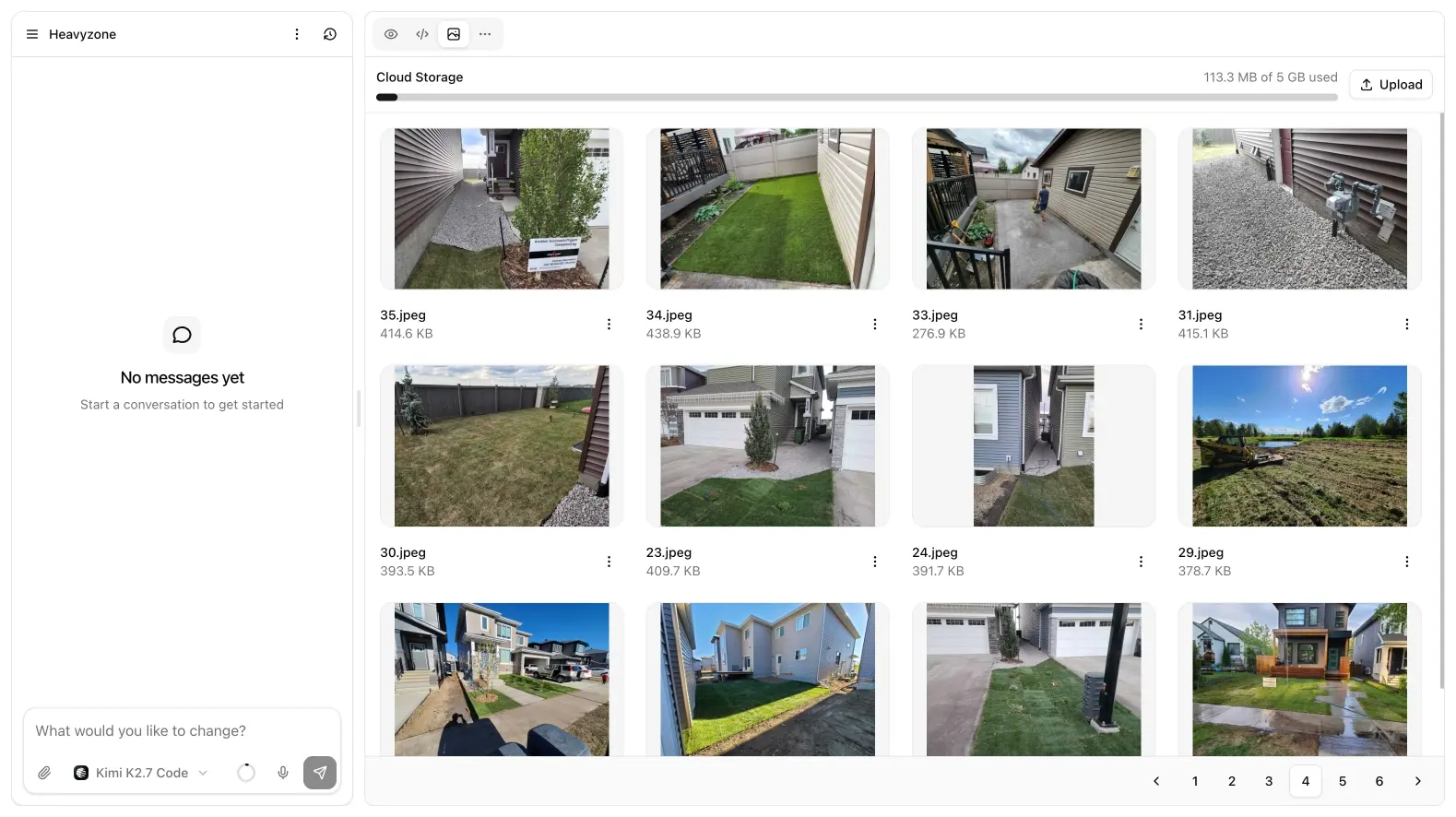 Media tab with Cloud Storage grid, usage bar, and upload.