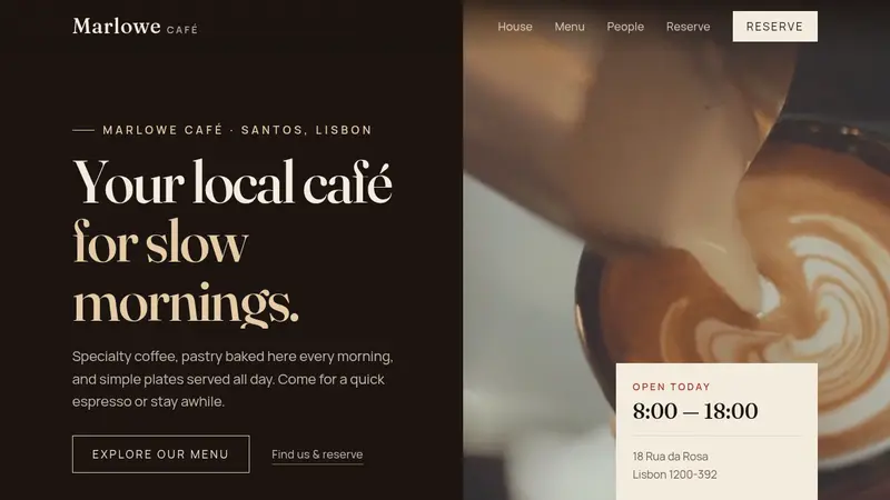Cafe website template with a video hero, image-led menu, and table reservation form