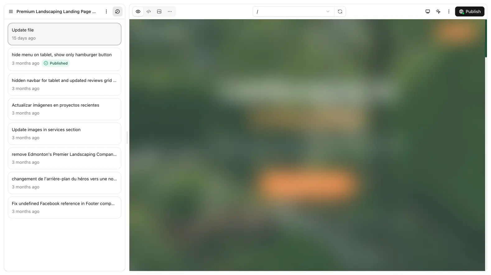 Commit history in the chat aside with published and older snapshots.