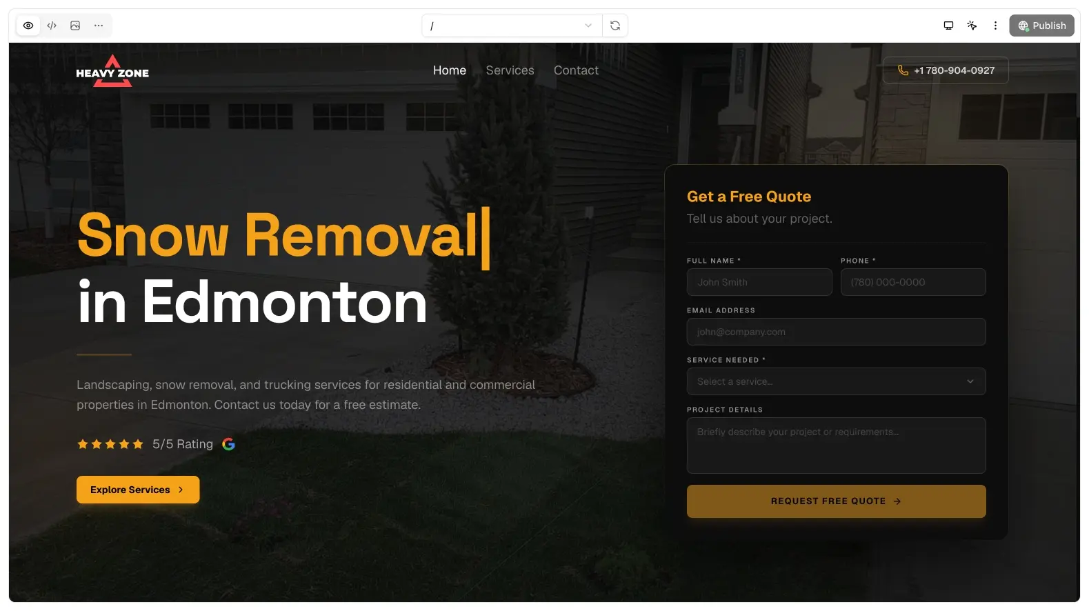 Preview iframe of a landscaping site with route picker, inspect tools, and Publish.