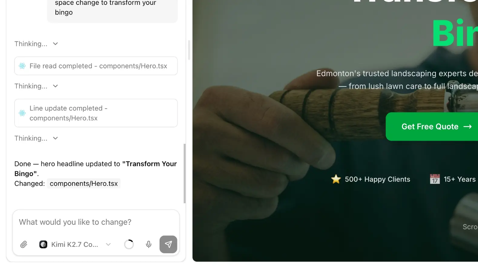 Follow-up prompt in the editor chat with model picker and a live preview.