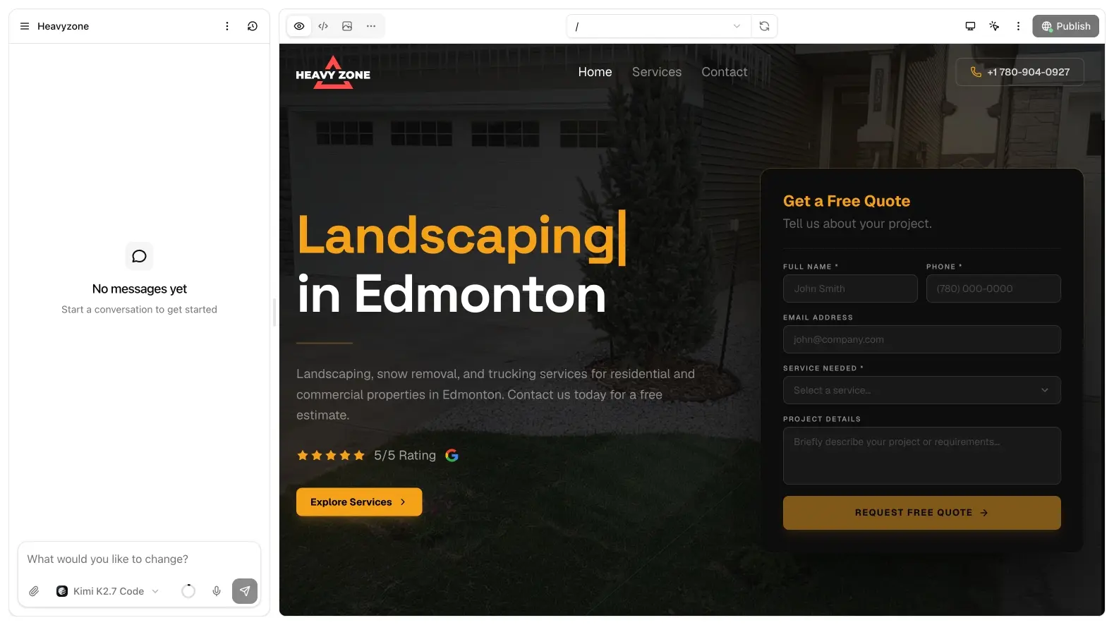Project workspace with chat on the left and a live landscaping site preview.
